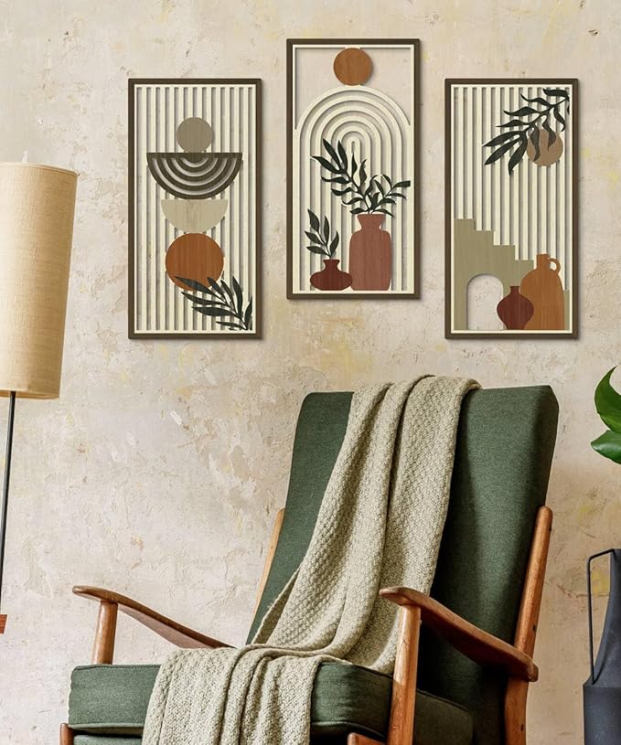 Putuo Decor Boho Wall Art Set of 3, Abstract Geometric Wooden Wall Decor, Mid-Century Modern Aesthetic Artwork with Arch, Vase & Botanical Design for Living Room, Bedroom, Office, 16.5 x 8.6 Inch