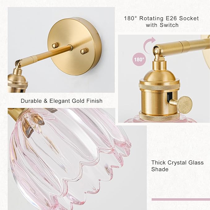 Hardwired Wall Sconce Light, Vintage Wall Sconce with Switch, Gold Wall Light Fixture with Tulip Pink Glass Lampshade, Indoor Wall Light for Bedroom Bathroom, Bedside Wall Lamp
