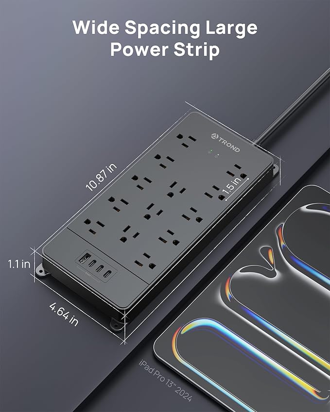 TROND 360° Rotating Flat Plug, Surge Protector Power Strip, 13AC Widely Spaced Outlets Expansion with 3 USB C Ports, 4000J, 10ft Extension Cord Heavy Duty, Wall Mount, Under Desk, ETL Listed, Black