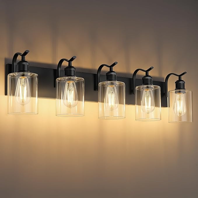 5 Light Bathroom Vanity Light, Black Light Fixture Morden Bathroom Lighting Fixtures Over Mirror Black Wall Sconces with Clear Glass Shade ZCVL01BK-5