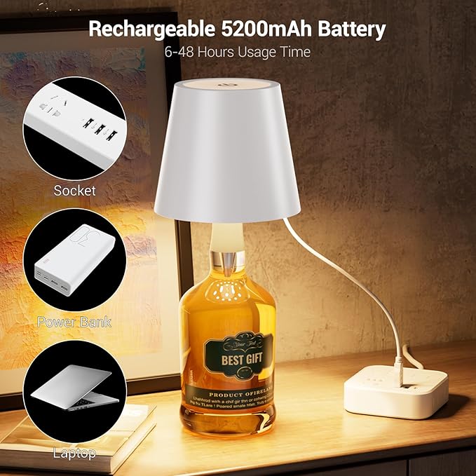 2 Pack Wireless Bottle Lamp Shade - Portable LED Wine Bottle Lamp with Stopper, 3 Color Stepless Dimming Rechargeable Touch Wine Bottle Lights for Any Liquor Bottle Bars Restaurants-White
