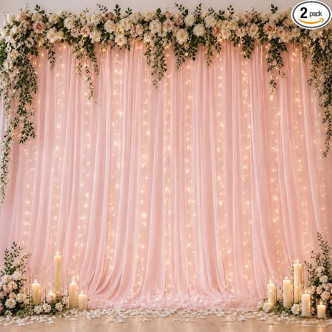 Ledido 10×10ft Pink Tulle Backdrop Curtains with Lights String - 300LED Fairy Lights Sheer Curtain Backdrop for Wedding Baby Shower Photo Shoot Birthday Party Decoration(2 Panels 5×10ft)，Pink
