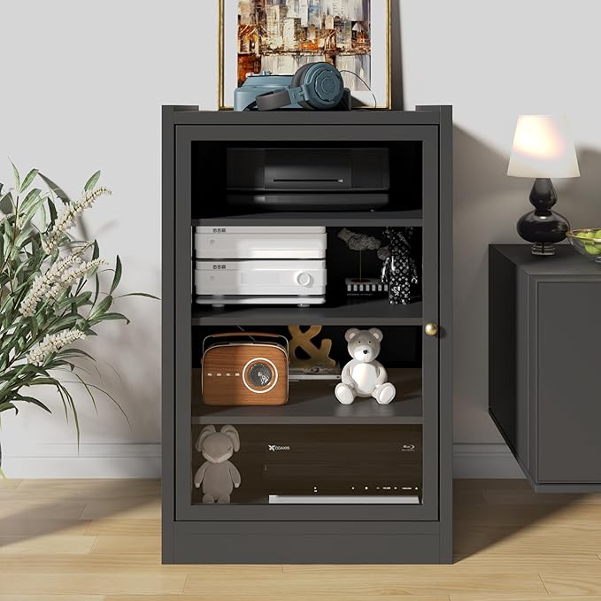 LEVNARY Media Cabinet with Door, Black 5-Tier Stereo Cabinet with Adjustable Shelves, AV Media Storage Shelf with Cable Management, Audio-Video Rack Stand for Living, Gaming, Recording Room (Black)