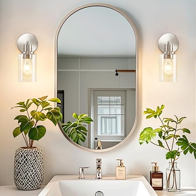 DLLT Wall Sconces Set of Two: Modern Bathroom Vanity Light Fixtures - Nickel Vanity Lights with Clear Glass Shade - Farmhouse Wall Lamp for Bedroom Living Room Mirror Hallway Kitchen