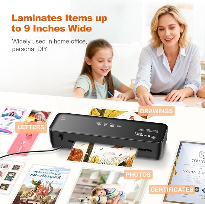 Bonsaii Laminator, 9 Inch Thermal Laminator Machine with Never Jam Technology for Doc/Posters/Photo, Personal Laminating Machine Simple Convenient for Home, Office and School Black