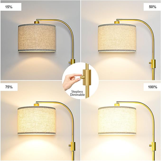 Nintiue Upgraded Modern Arc Dimmable Tall Standing Floor Lamp with Linen Shade, 1200 Lumens LED Bulb Included, for Living & Reading Room, Bedroom, Office & Nursery, Gold