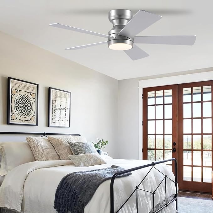 46" Ceiling Fan with Lights Low Profile, Flush Mount Ceiling Light with Remote and 5 Blades, Mute Reversible Motor, 6 Speeds and 3CCT Dimming, Modern Fan Light for Indoor Bedroom, Silver
