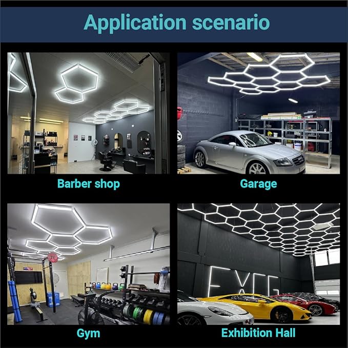 Hexagon LED Lights: Dimmable 1 Honeycomb Hexagon Garage Lights Super Bright Car Detailing Ceiling LED Shop Light for Warehouse Workshop Gym Basement Car Care Wash Room