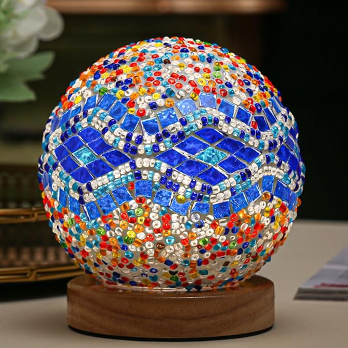 Turkish Table lamp (D:4.7" x H:5.2"),Mosaic Glass Lamps with Wooden Base, Bohemian Tiffany Bedside Lamps, USB Power Moroccan Lantern for Living Room Halloween Decorations (Baroque - Blue, Baroque)