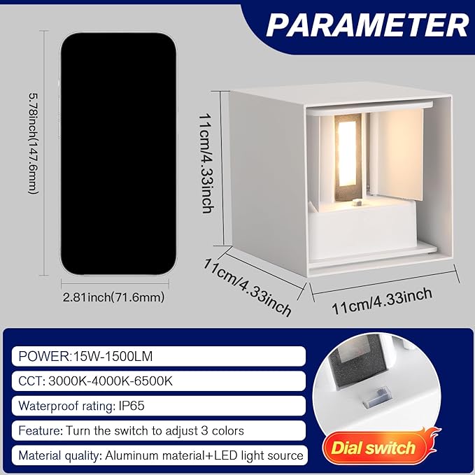 LED 15W Outdoor Sconce Lights Exterior/Interior 3 Colors Adjustable Wall Light Fixture IP65 Waterproof Porch Exterior Wall Sconce Modern Outdoor Lighting Square Aluminum White Up and Down Lights