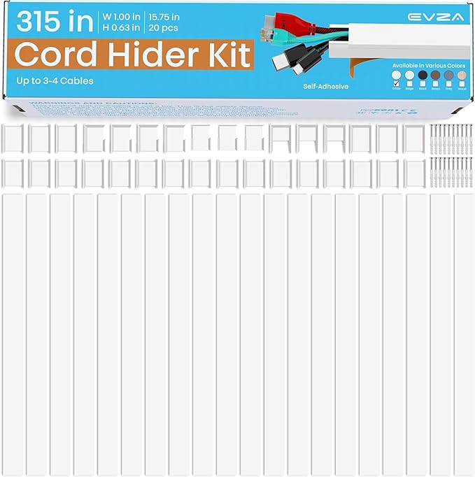 Cord Hider, Wire Cover, Cord Covers Wall Mounted TV, Cable Hider, 315 in Paintable White Raceway Kit, Electrical Cords Concealer, Cable Management, Hide Cords Wall, Wire Molding, Adhesive Channel
