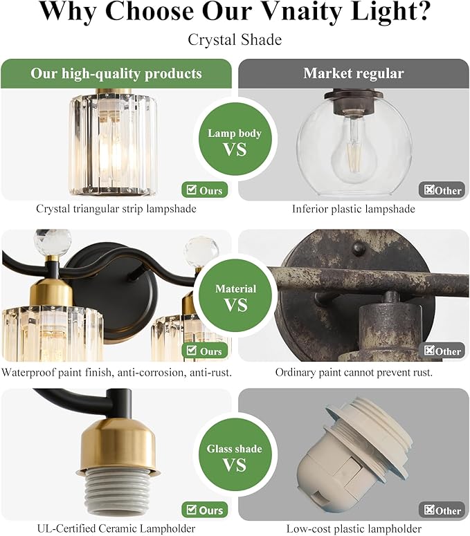 5 Light Vanity Light, Modern Black and Gold Crystal Bathroom Vanity Lighting Fixtures, Bath Wall Mount Lights with Clear Crystal Glass Shade, Wall Sconce Light for Mirror Bedroom Living Room, E26 Base