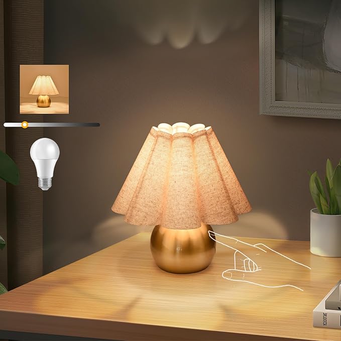 Gold Small Touch Control Table Lamp for Bedroom, Brass Gold Bedside Lamps for Nightstand, Cute Mini Small Table Lamps for Small Spaces with Scalloped Shade for Kitchen Counter, Bookshelf, Living Room