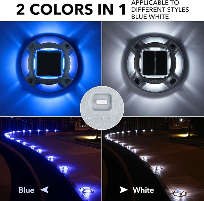 AGPTEK Solar Driveway Lights Outdoor 1 Pack, 2 Color Modes LED Deck Dock Marine Waterproof Security Marker Lights for Step Sidewalk Stair Garden Pathway Walkway Yard(Blue Light/Cool White)