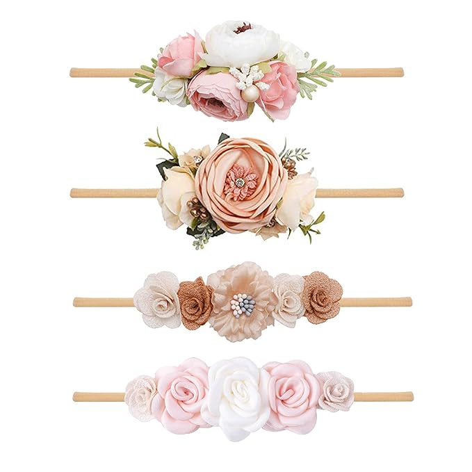 Baby Girl Flower Headband 4 PCS Elastic Hairbands Handmade Nylon Bows Headbands Chic Floral Hair Accessories Kids Gifts for Newborn Infant Toddlers