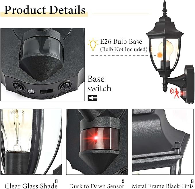 Porch Lights Outdoor Motion Sensor Wall Sconce Anti-Rust Aluminum, Exterior Outdoor Wall Lights Dusk to Dawn Porch Light Fixture Wall Mount for House Outside Patio 2Pack