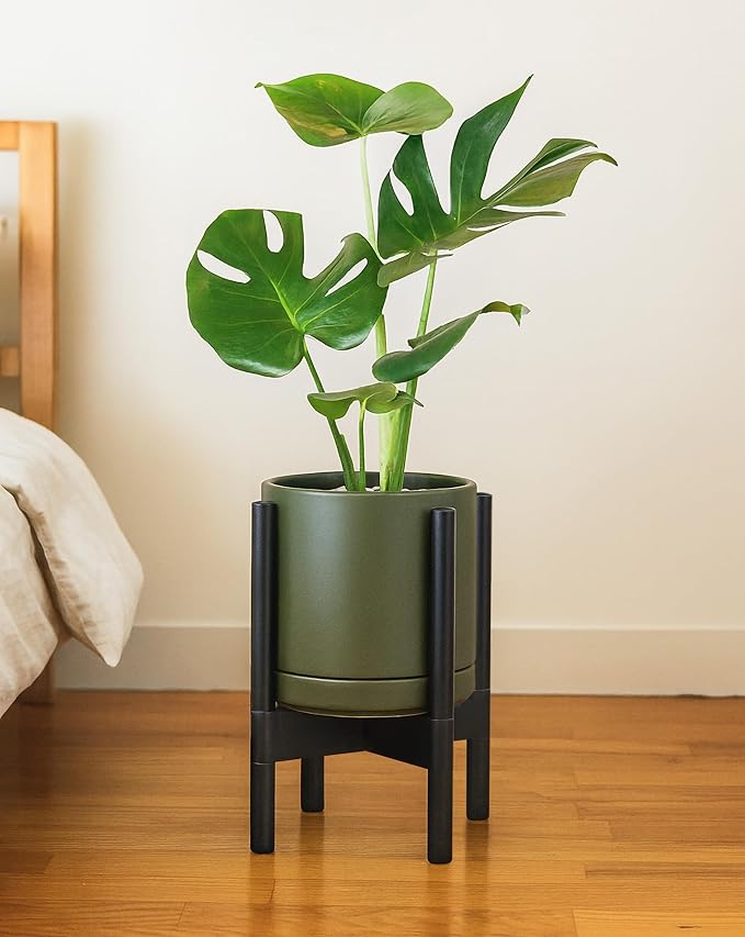 D'vine Dev Ceramic Planter with Ebony Stand - 8 Inch Modern Round Flower Pot with Wood Planter Holder, Olive, 55-B-M-J