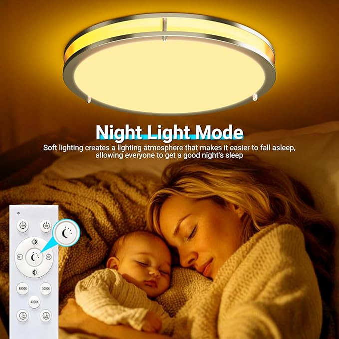 libtit 13 Inch Flush Mount Ceiling Lights with Remote, 24W Dimmable LED Ceiling Light with Nightlight and Timer, 3000K-6500K Adjustable Brushed Nickel Light Fixture for Bedroom Kitchen Bathroom