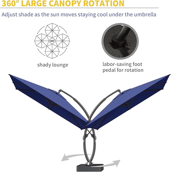 Kingdura 10x10 FT Cantilever Patio Umbrella with Base Included, Large Square Offset Outdoor Pool Umbrella, 360° Rotation & Infinite Tilt, Heavy Duty Aluminum Frame for Deck Backyard, Navy blue