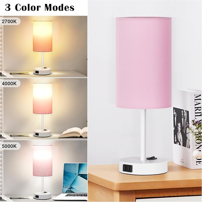 ZJOJO Table Lamp for Bedroom Set of 2, Bedside Small Lamps with 3 Way Dimmable Rocker Switch and AC Outlet, Nightstand Desk Lamp with Pink Fabric Shade White Base for Living Room Home Decor Lights