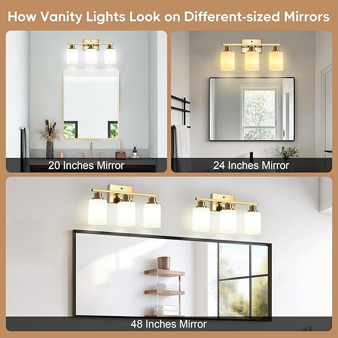 Ascher Bathroom Light Fixtures, 3-Light Vanity Light Over Mirror, Gold Wall Sconces with Milky White Frosted Glass Shades, Wall Lamp for Living Room Bedroom, E26 Base(Bulbs Not Included)