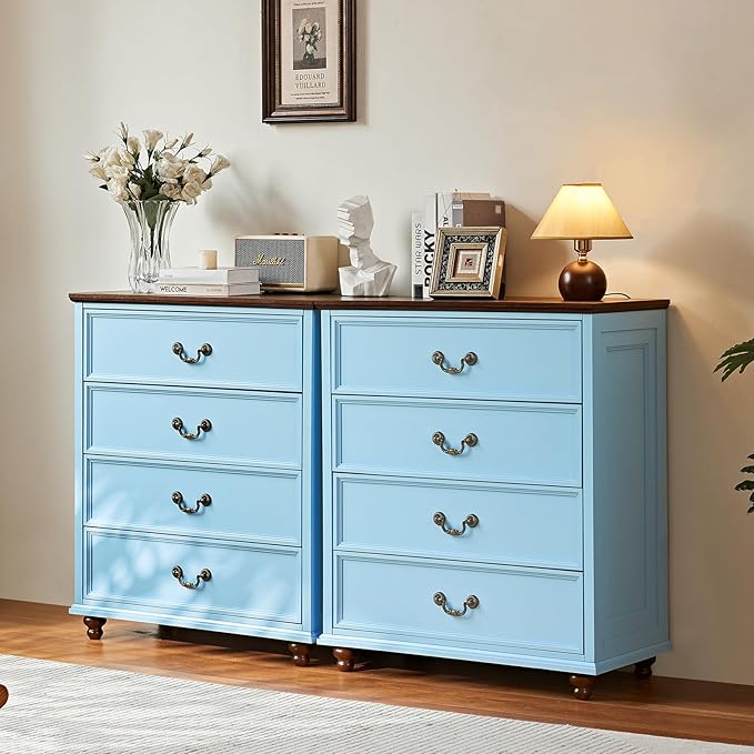 Farmhouse 4 Drawer Dresser for Bedroom, 37" Tall Rustic Chests of Drawers w/ 4 Solid Wood Feet, Mid Century Modern Wooden Closet Storage Dressers Organizer for Living Room, Hallway, LightBlue