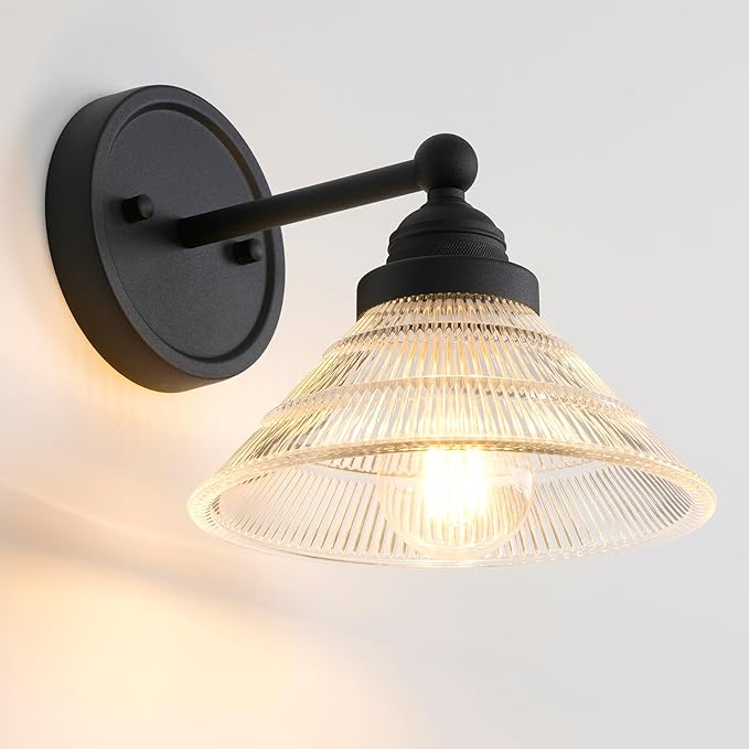 Vintage Wall Sconce 1-Light with Clear Ribbed Glass Shade, Industrial Hardwired Wall Light Fixture for Bedside Living Room Vanity Bathroom Hallway