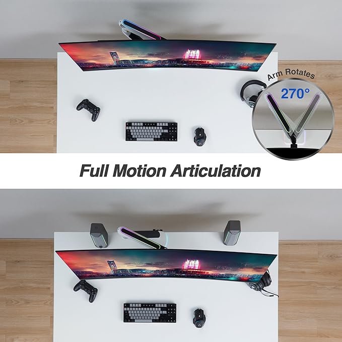 AVLT Single 27”-45” RGB Gaming Monitor Arm Desk Mount Built-in 20 Lighting Modes Touch Button Control Fits Flat/Curved/Ultrawide Screens Height Swivel Tilt Rotation Adjustable Stand -White