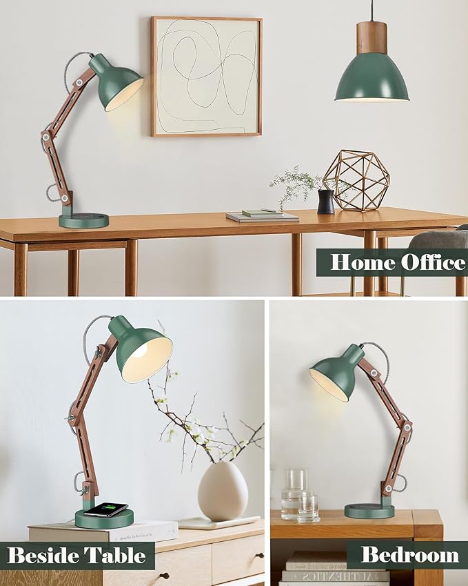 ELYONA LED Desk Lamp with Wireless Charger, Sapele Wood Reading Light with USB C Charging Port, Swing Arm Table Lamp for Home Office, College Dorm, Bedroom Living Room, Bulb Included, Vintage Green