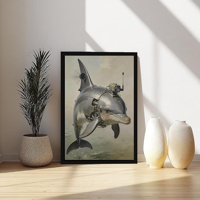 Framed Steampunk Mechanical Dolphin Wall Art - Marine Retro-Futuristic Poster for Beach House Living Room Decor 08x12in