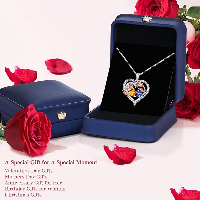 Iefil Christmas Gifts for Women Wife - 925 Sterling Silver Rose Heart Birthstone Necklace Birthday Anniversary Jewelry Gifts for Her Wife Mom Daughter