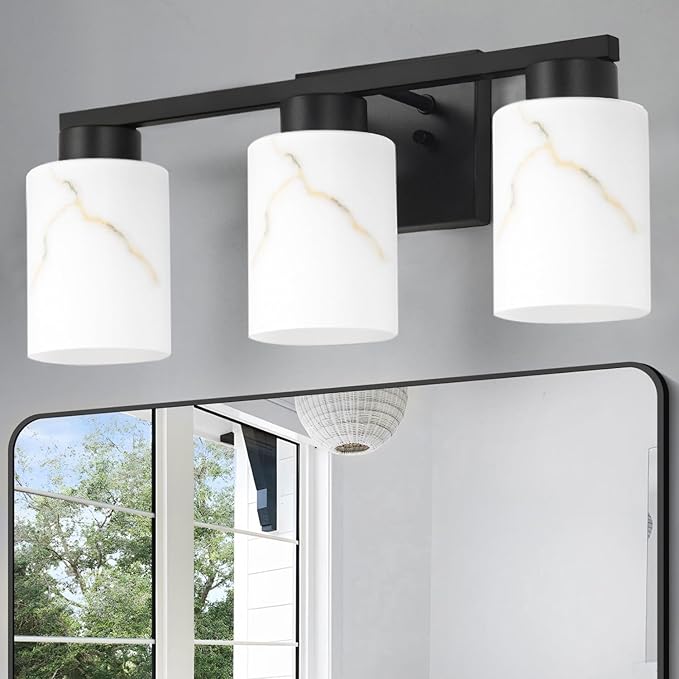 3-Light Bathroom Light Fixtures, Modern Vanity Lights, Black Metal Wall Lamp with Handcrafted Art Glass for Bathroom, Mirror, Living Room, Bedroom, Cabinet, Porch, Hallway, E26 Base