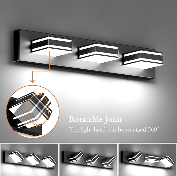 Ralbay 24inch Black Bathroom Vanity Lights with 5 Color Temperatures (3000K-6000K) Dimmable Modern Metal Acrylic LED Matte Black Bathroom Wall Lighting Fixtures (3-Light)