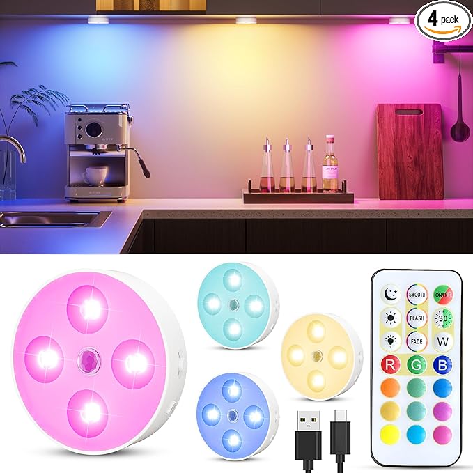 RGB Puck Lights with Remote & Motion Sensor – 1500mAh Rechargeable Under Cabinet Lighting for Kitchen, Closet & Stairs – 13 Colors, Magnetic Stick-On Lights, 4 Pack