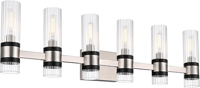 MELUCEE 6 Light Black Vanity Lighting Fixture with Ribbed Clear Glass Shade, Vanity Bathroom Light Fixture Over Mirror Industrial Wall Mounted Sconces Lighting, E12 Base