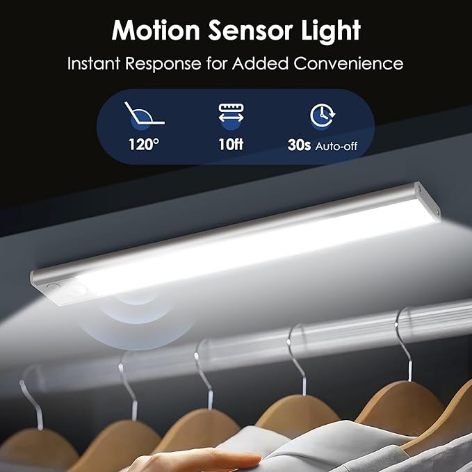 12" LED Cabinet Light with Motion & Light Sensor, Pack of 2 Rechargeable Under Cabinet Lighting, 3 Color Modes 3000K/4500K/6000K, 62 LEDs, 150LM, USB, 2200mAh Battery, Wireless Closet Light