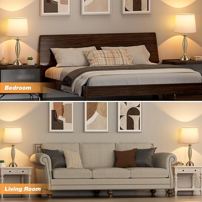 White Gold Lamps for Bedrooms Set of 2 - Touch Control Bedside Lamp with USB C+A, 3 Way Dimmable Nightstand Lamps with USB Port, Table Lamp for Living Room(White Shade and Gold Base)