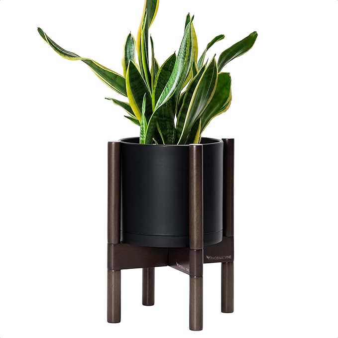 D'vine Dev Planter Pot with Stand - 8 Inch Plastic Cylinder Flower Pot with Wood Planter Holder for Indoor, Matte Black Pot + Walnut Color Stand, 55-C-I-2