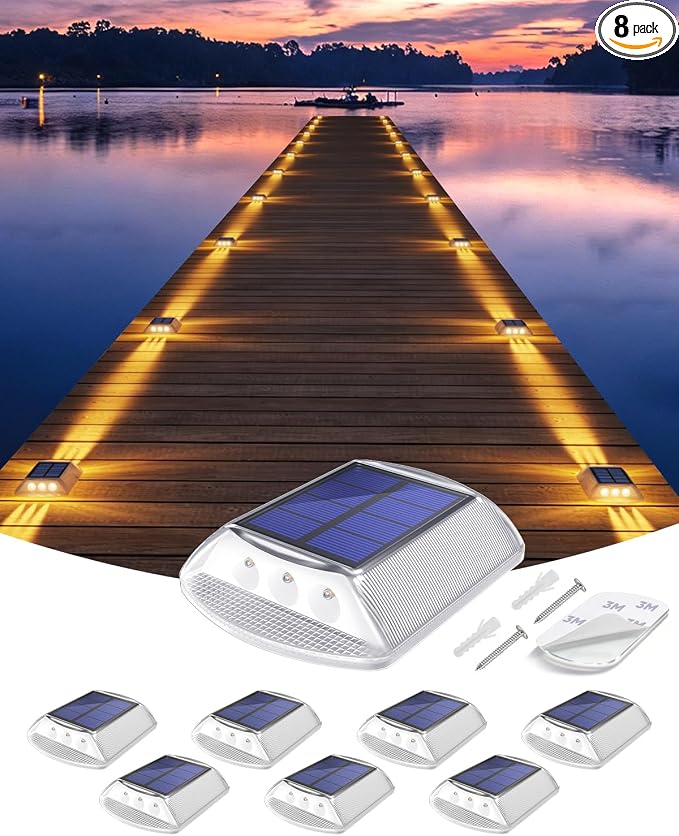 DetarZinLED Solar Deck Lights Outdoor, 8 Pack Warm Driveway Lights Solar Powered, IP68 Waterproof Stick on & Screw Dock Light for Pathway, Walkway, Sidewalk, Patio, Pool Deck, Garden, Step