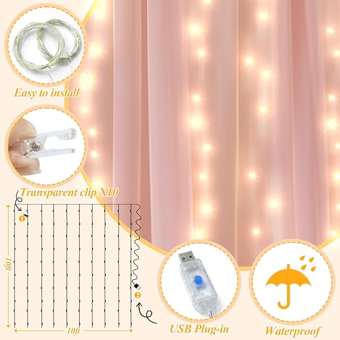 Ledido 3 Pack 10×10ft Pink Tulle Backdrop Curtains with Lights String - 900LED Fairy Lights Sheer Curtain Backdrop for Wedding Baby Shower Photo Shoot Birthday Party Decoration(6 Panels 5×10ft)，Pink