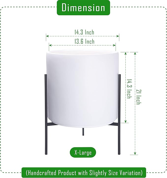 D'vine Dev Modern White Plants Pot Cylinder Planter with Heavy Duty Stand, X-Large 14 Inch Pot, 21 Inch with Stand Height, 96-T-A-4