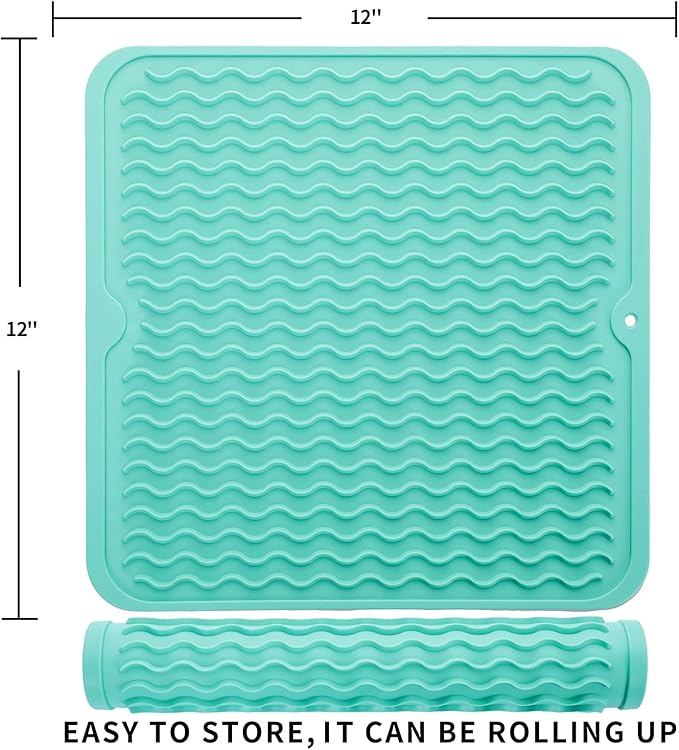 Silicone Dish Drying Mat for Multiple Usage,Easy clean,Eco-friendly,Heat-resistant Silicone Mat for Kitchen Counter or Sink,Refrigerator or Drawer liner Mint M 12 inches x 12 inches