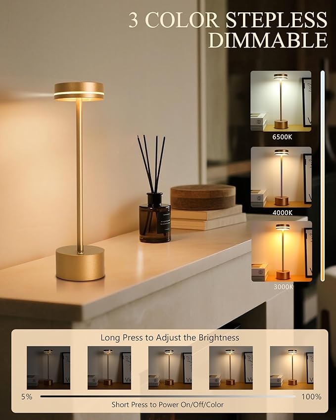 2 Pack LED Cordless Table Lamp Rechargeable, 5000mAh Portable Battery Operated Desk Touch Lamp, 3 Color Dimmable Table Light for Home Office/Dining/Nightstand for Home Décor – Champagne Gold