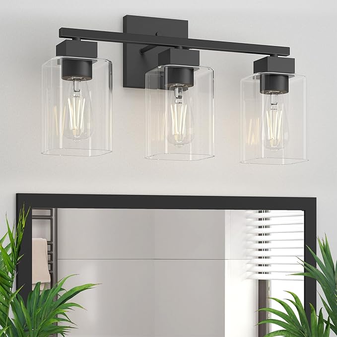 Espird Matte Black Bathroom Vanity Light, 3-Light Vanity Lighting fixtures Over Mirror, Square Design & UL Certification, Wall Sconces with Clear Glass Shades, E26 Socket (Bulbs Not Included)