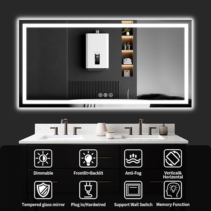 36"x72" LED Bathroom Mirror with Lights, Dimmable, Anti-Fog, Lighted Bathroom Vanity Mirror for Wall, Backlit + Front Lit, Memory Function, Shatter-Proof, Tempered Glass