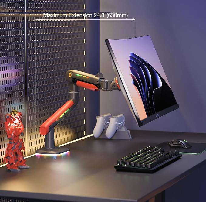 NB Gaming Monitor Arm or for 32 to 60 Inches Screen, Load up to 20 kg, VESA 75/100, RGB-Light, Heavy Duty, Multi Angle Adjustable, Premium Aluminum, Red
