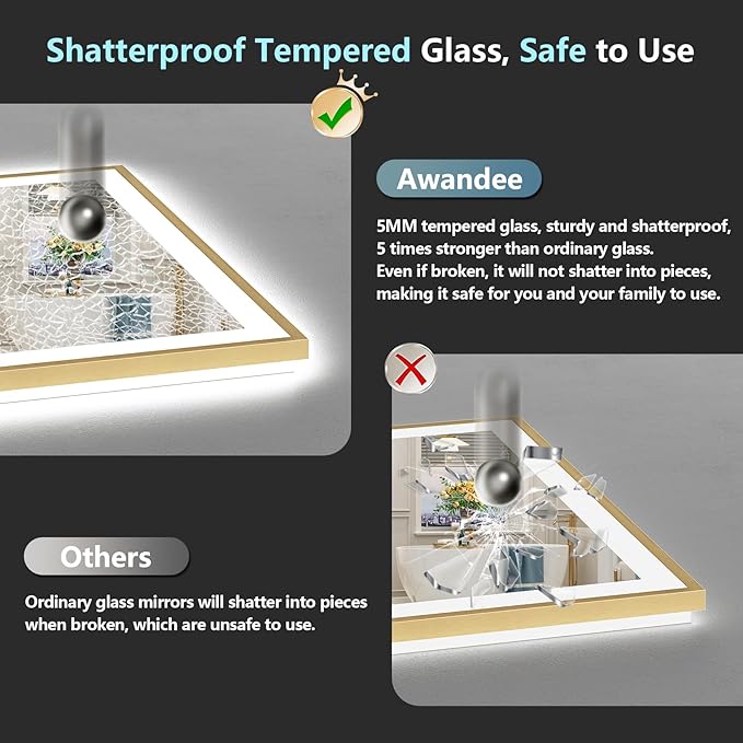 48x36 Gold LED Bathroom Mirror with Lights, Brushed Gold Framed Backlit and Front Lit Anti-Fog Lighted Vanity Mirrors for Bathroom Wall, Dimmable, 3 Colors, Memory, HD Tempered Glass, CRI＞90