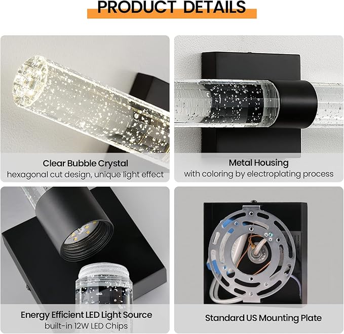 Black Modern LED Wall Sconce - 18 Inch Wall Sconces Set of Two 4000K Dimmable Crystal Sconce Wall Lighting Indoor Wall Mount Bathroom Vanity Light Fixtures for Bedroom Living Room, 12W