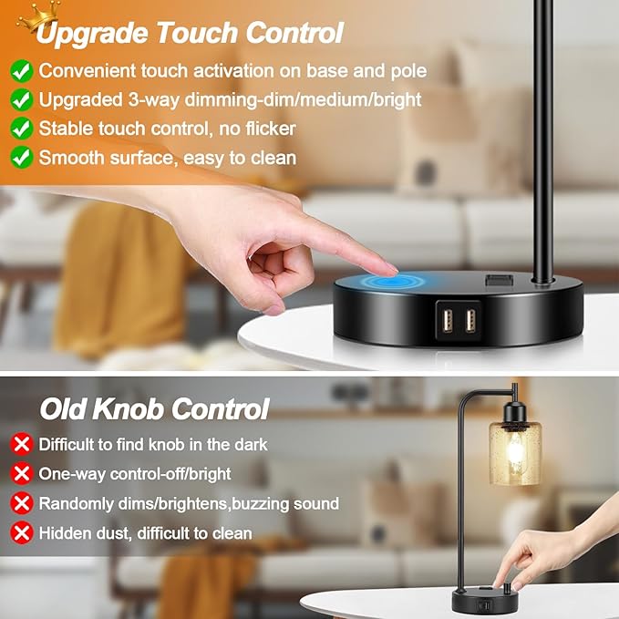 Set of 2 Industrial Touch Control Table Lamps with 2 USB Ports and AC Outlet - 3-Way Dimmable Black Bedside Lamp Nightstand Desk Lamps for Bedroom Living Room, Amber Glass Shade & 2 LED Bulbs Included