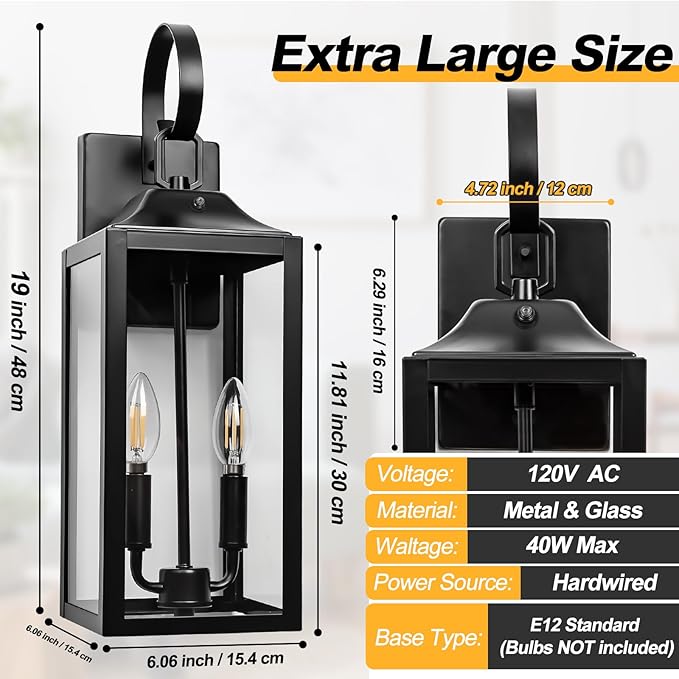 Black Dusk to Dawn Outdoor Wall Lantern 2-Light, 19" Large Modern Outdoor Wall Lights, Industrial Porch Lights Wall Mount with Tempered Glass, Waterproof Farmhouse Exterior Lighting Fixtures, 2 Packs
